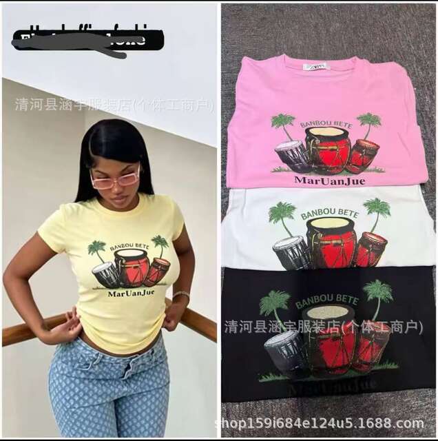 Basictops Women's Short-Sleeved T-Shirt Summer European and American Cross-Border Ribbed Cotton Cartoon Print Basic Top New Style t detail 11