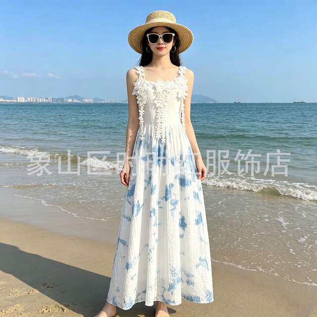 Yunnan and Guizhou Traditional Tie-Dye Blue-Dyed Dress, Handmade Tie-Dye Long Dress, Slimming, Gentle, Sweet, and Elegant Strap Dress detail 3