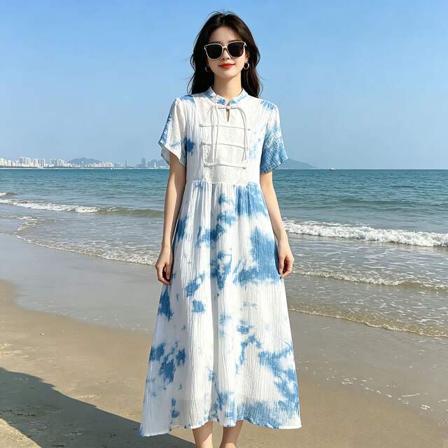 Yunnan and Guizhou Traditional Tie-Dye Blue-Dyed Dress, Handmade Tie-Dye Long Dress, Slimming, Gentle, Sweet, and Elegant Strap Dress detail 8