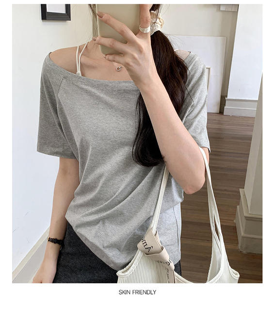 Irina 2025 off-line collar slant shoulder short sleeve cotton T-shirt women's summer new relaxed-fit lazy style high-end top detail 9