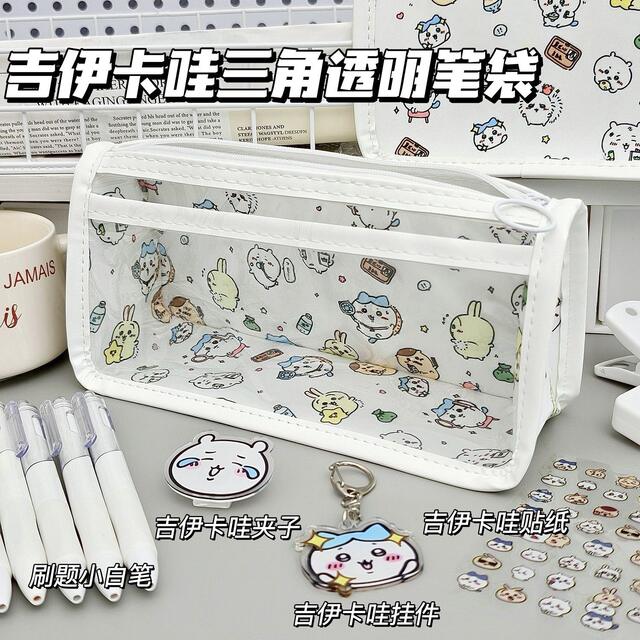 Xiaohongshu's Popular Ins High-Looking Cute Cartoon Transparent Triangle Pencil Bag Student-Specific Stationery Storage Bag detail 3