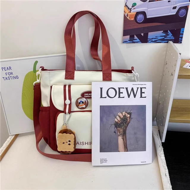 Japanese Ins Contrast Color Student Handbag Tillage Bag Canvas Junior High School Student Large Capacity Class Bag Women's Crossbody Bag detail 9