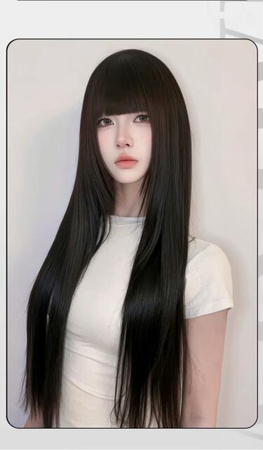 Black Long Straight Wig Full Head Set for Women, Manga-Style with Bangs, Natural Look, Makes Face Look Smaller, Everyday Long Straight Hair Wig Set detail 10