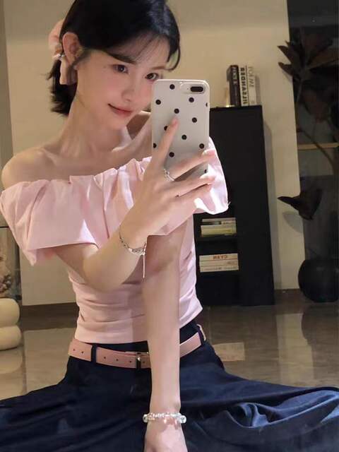 Korean-Style Ruffled Sexy Off-Shoulder Short-Sleeve T-Shirt for Women with Unique Design, One-Shoulder, Pure Cotton Top detail 5