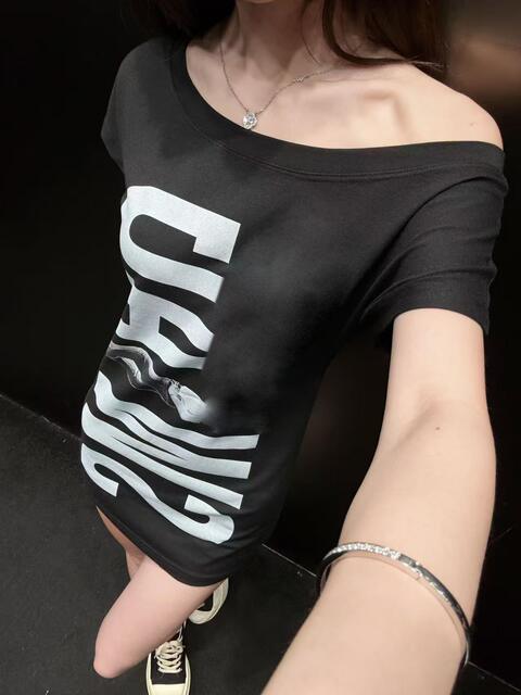 26Scu* Summer New Korean Style Niche Letter Print Loose Fit Off-Shoulder Short-Sleeve T-Shirt Top for Women detail 7