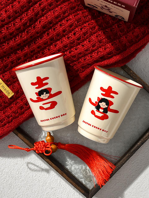 High-Looking Ceramic Cup, Red Double Happiness Mouthwash Cup, Couple's Wedding Souvenir, Toothbrush Cup, Tea Cup, Large Capacity detail 6