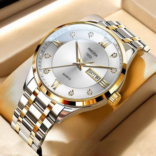 Classic Men's Watch Men's Business Quartz Men's Watch Large Dial Steel Strap Fully Automatic Non-Mechanical Watch Waterproof Gold detail 11
