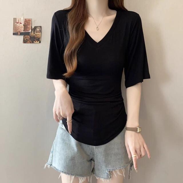 Irina 2026 New Summer Style High-End Slimming Pure Desire Style Top V-Neck Loose Short-Sleeved T-Shirt Women's Fashion T-Shirt detail 6