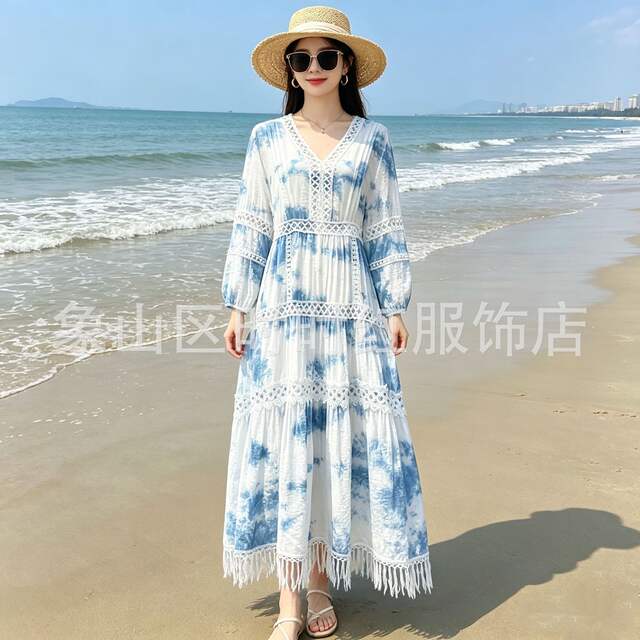 Yunnan and Guizhou Traditional Tie-Dye Blue-Dyed Dress, Handmade Tie-Dye Long Dress, Slimming, Gentle, Sweet, and Elegant Strap Dress detail 4