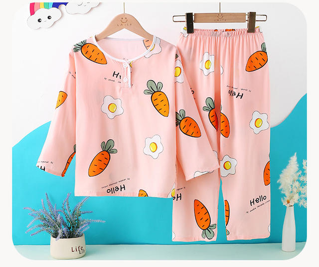 Spring and summer children's cotton silk pajamas cartoon suit long sleeve cotton silk home clothes boys and girls baby thin wholesale detail 5