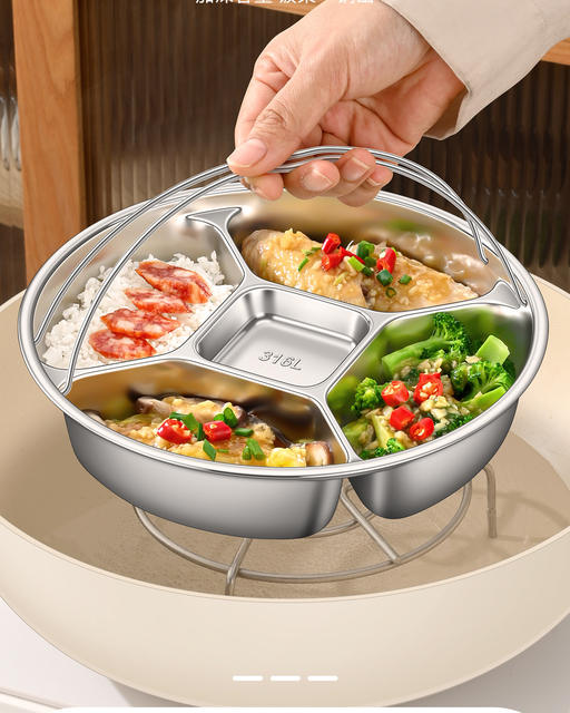 316L Stainless Steel Divided Steaming Tray with Handle, Portion Control Plate, Round Plate, Steamer Basket, One Pot Steaming Grid detail 4