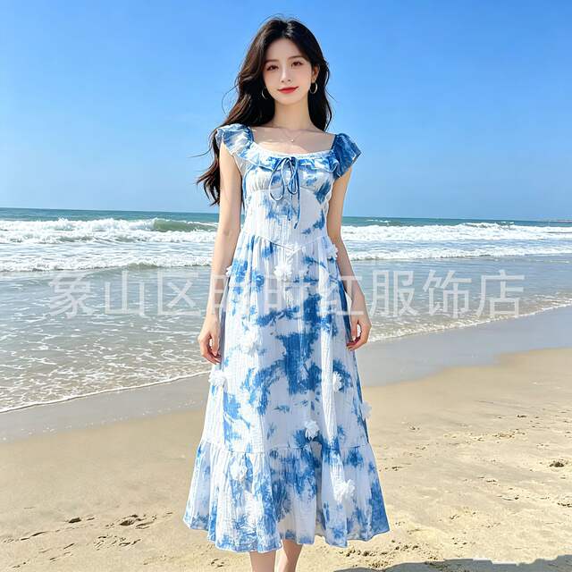 Yunnan and Guizhou Traditional Tie-Dye Blue-Dyed Dress, Handmade Tie-Dye Long Dress, Slimming, Gentle, Sweet, and Elegant Strap Dress detail 12