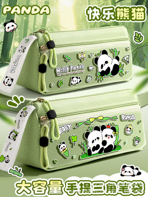 Triangular Large-Capacity Portable Pencil Bag, Cartoon National Trend Panda Cute Stationery Bag, Large-Capacity Pencil Case for Primary and Secondary School Students detail 3