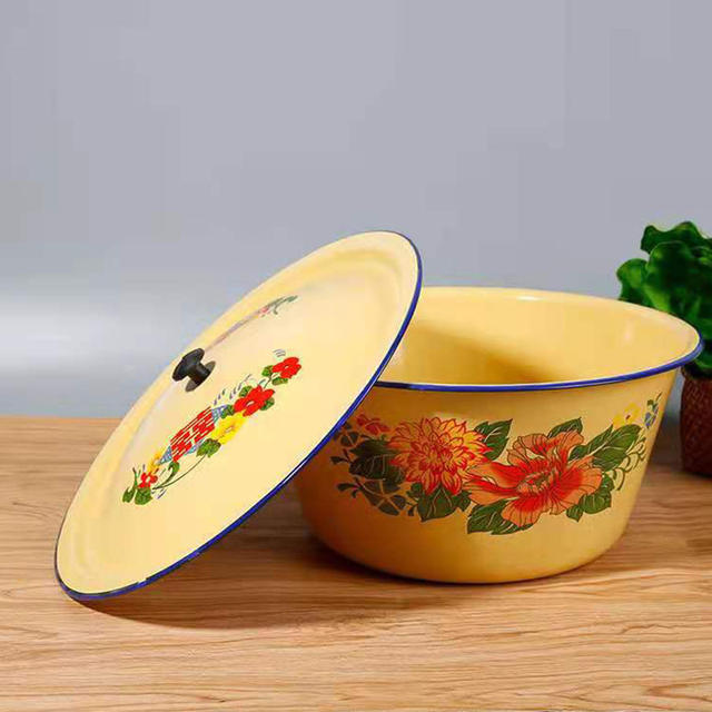 Enamel Cake Basin, Wash Basin, Yellow Deepened Soup Pot and Basin, Dumpling Filling Basin, Enamel Enamel Soup Basin with Lid detail 3