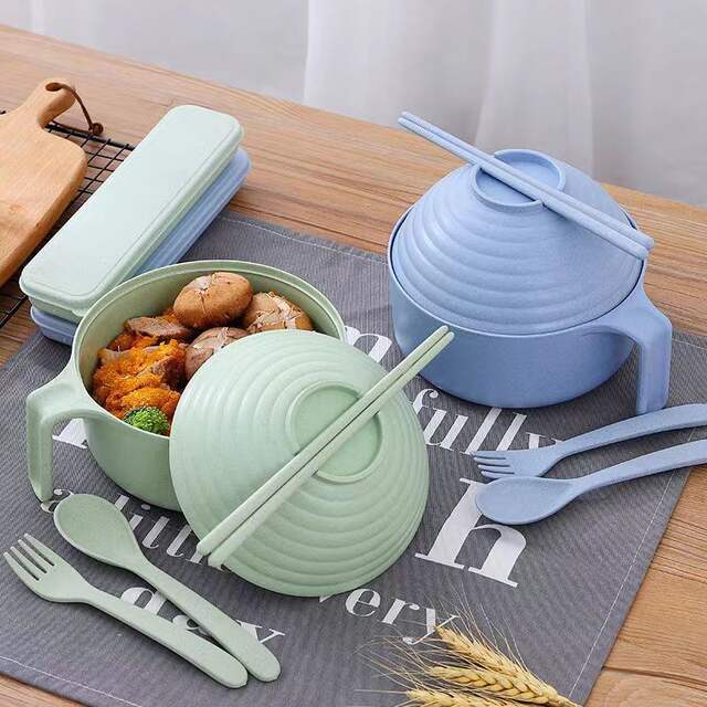 Wheat Straw Instant Noodle Bowl with Lid Tableware Student Dormitory Bowl Chopsticks Fork Spoon Set Instant Noodle Bowl with Lid detail 4