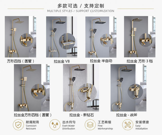Shower Set with Brushed Gold Finish, All-Copper, for Home Use, Hot and Cold Water, with Spray Gun, Export-Grade, Complete Bathroom Shower Set detail 2