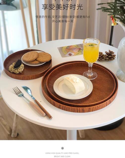 Home Snack Tea Tray Dinner Plate Cafe Round Snack Tray Tea Tray Ins Style Vintage Cake Wooden Tray detail 5