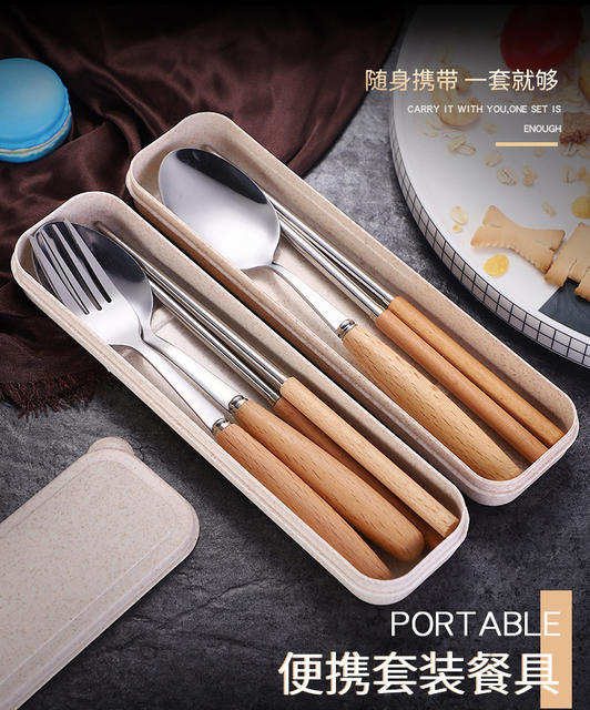 Wooden Handle Stainless Steel Portable Tableware Set Three-Piece Set of Spoons and Chopsticks for Home Use High-End Japanese-Style Gift Tableware Set detail 1