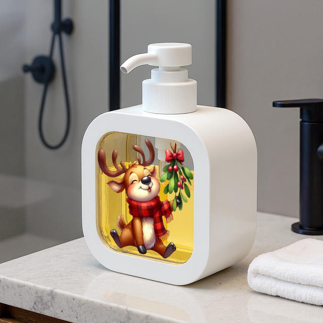 A Refillable Manual Pump Soap Dispenser with Cartoon Reindeer and Holly Designs - One Unit detail 2