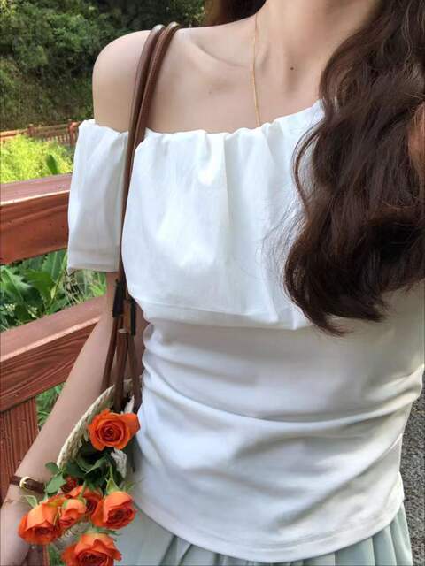 Korean-Style Ruffled Sexy Off-Shoulder Short-Sleeve T-Shirt for Women with Unique Design, One-Shoulder, Pure Cotton Top detail 2