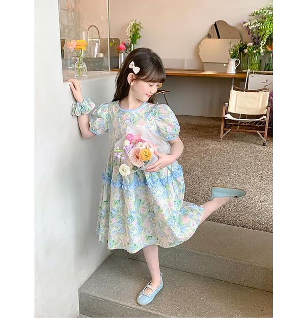 Thin Girl's dress Stylish Floral Children's Skirt Summer Large Children's Little Girl's Cotton Short-sleeved Princess Skirt detail 4