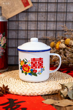 Double Happiness Floral Enamel Cup with Lid, Waistband, Wedding Banquet Gift, Wedding Candy Box, Mug, Souvenir, Tea Jar detail 12