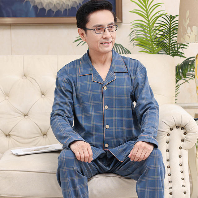 Chunbaifen Spring and Autumn Long-Sleeved Long Pants Pajamas for Middle-Aged and Elderly Men, Cardigan, Plus-Size Loungewear for Home Leisure