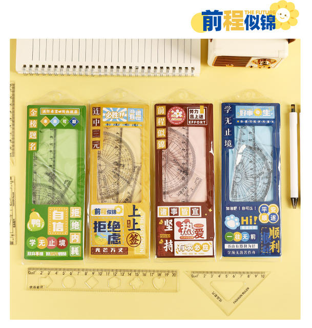 Creative Inspirational Ruler Set for Students, Four-Piece Set, High-Quality Transparent Ruler, Triangle Ruler, Protractor, Ruler Set Wholesale detail 11