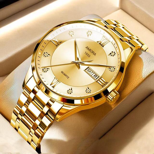 Classic Men's Watch Men's Business Quartz Men's Watch Large Dial Steel Strap Fully Automatic Non-Mechanical Watch Waterproof Gold detail 12