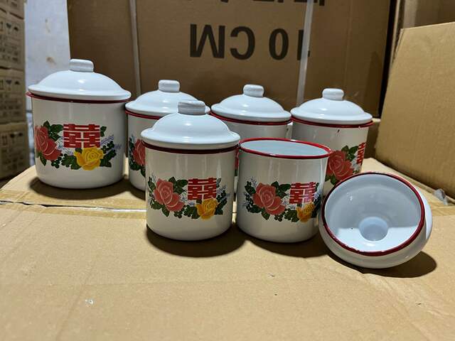 New Retro Floral Double Happiness Enamel Cup, Vintage Iron Tea Mug, Wedding Candy Cup, Souvenir Enamel Mug, Mug detail 3