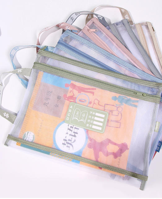 Transparent Mesh Subject Classification File Bag Zipper Double-Layer Large-Capacity Morandi Color Tutoring Bag for Primary School Students detail 4