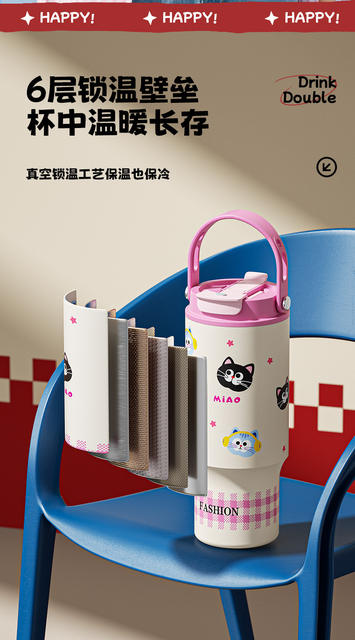 New Cartoon-Style Large-Capacity Ice Cup with Handle and Tea Compartment, High-Looking Stainless Steel Thermos Cup with Custom Logo detail 8