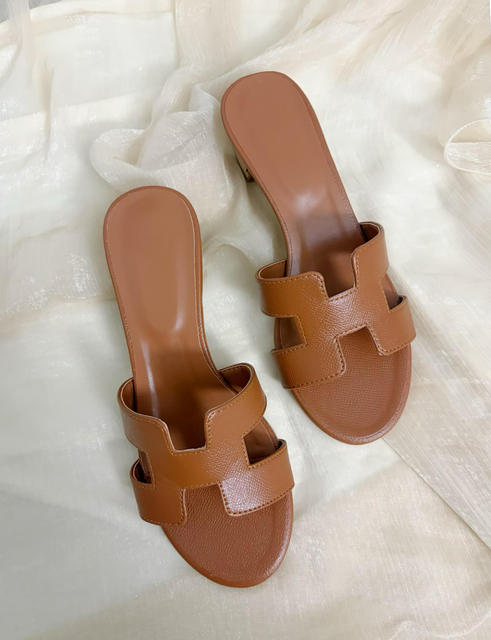 H High-Heeled Slippers Versatile French Style Outdoor Wear Pink Palm Print Genuine Leather Chunky Mid-Heel Sandals Slip-On Foreign Trade Shoes detail 6