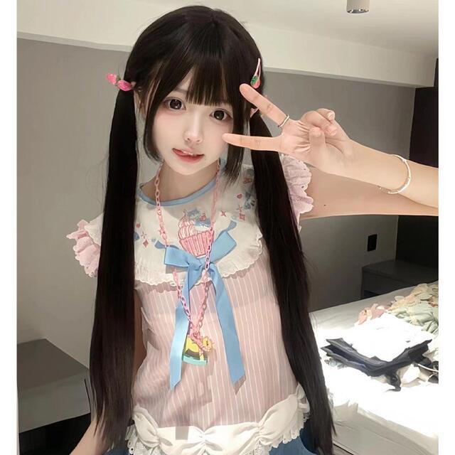Wig female jk sweet sister little rose natural black gentle lolita with sideburns 85cm long straight bangs full head cover detail 2