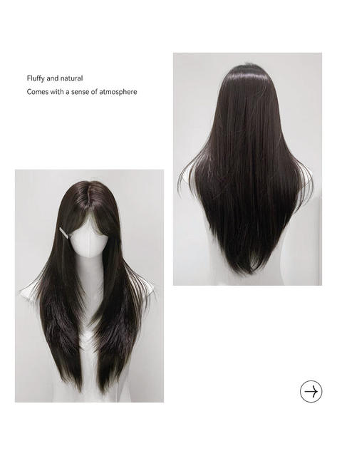 Xinxin wig women's cross-border wholesale black long straight natural simulation net red temperament atmosphere feeling eight-character bangs full head cover detail 5