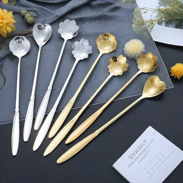Stainless Steel Flower Spoon Cherry Blossom Rose Spoon Wedding Long Handle Heart-shaped Spoon Coffee Mixing Spoon Hand Gift Bird's Nest Honey detail 8