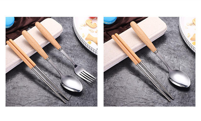 Wooden Handle Stainless Steel Portable Tableware Set Three-Piece Set of Spoons and Chopsticks for Home Use High-End Japanese-Style Gift Tableware Set detail 4