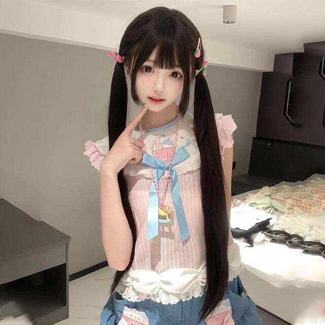 Wig female jk sweet sister little rose natural black gentle lolita with sideburns 85cm long straight bangs full head cover detail 4