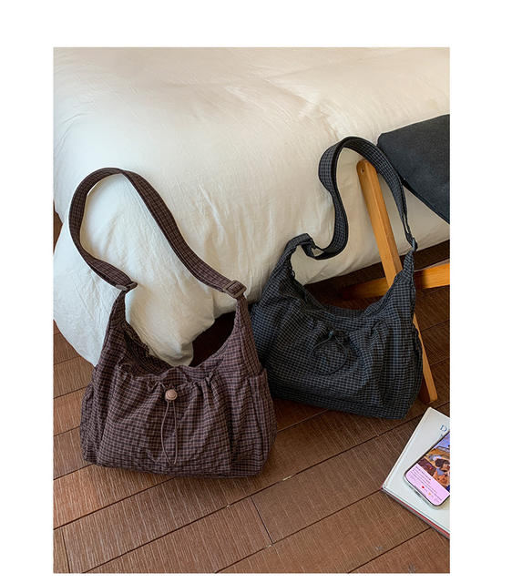 Bags 2025 New Korean Style Plaid Drawstring Pleated Cloud Bag Large Capacity Backpack Shoulder Bag Crossbody Bag Women's Bag detail 12