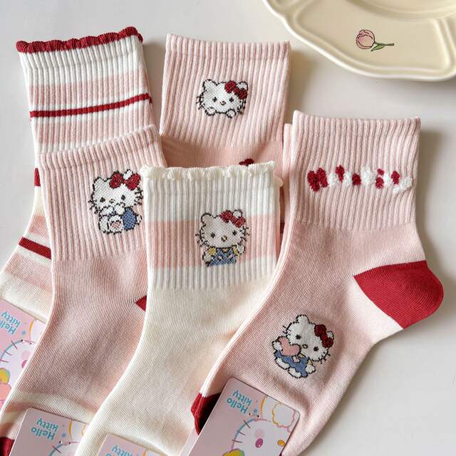 Uncombed Cotton Type a Children's Socks, Mid-Calf Socks, Breathable Spring and Autumn Style, Cartoon Hello Kitty Girls' Socks