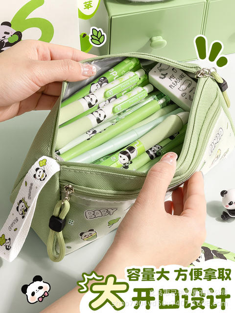 Triangular Large-Capacity Portable Pencil Bag, Cartoon National Trend Panda Cute Stationery Bag, Large-Capacity Pencil Case for Primary and Secondary School Students detail 4