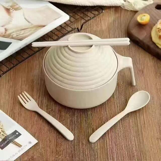 Wheat Straw Instant Noodle Bowl with Lid Tableware Student Dormitory Bowl Chopsticks Fork Spoon Set Instant Noodle Bowl with Lid detail 10