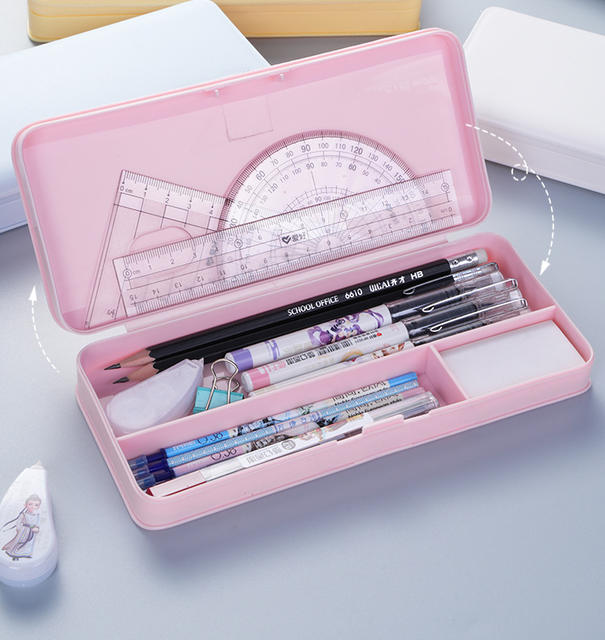 Macaroon stationery box handmade diy cream glue multifunctional plastic pencil box flip printed LOGO text detail 6