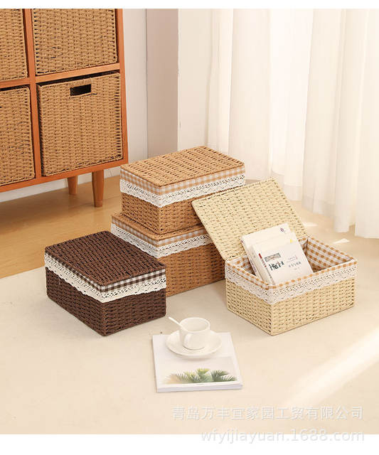 Japanese-Style Storage Box Household Imitation Rattan Woven Storage Basket Toys Snacks Clothing Sundry Box Organizing Storage Box with Lid detail 2