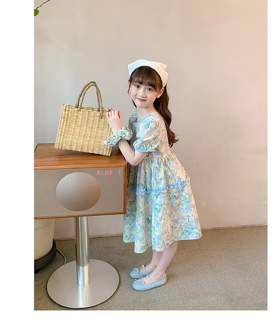 Thin Girl's dress Stylish Floral Children's Skirt Summer Large Children's Little Girl's Cotton Short-sleeved Princess Skirt detail 12