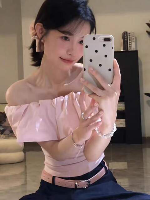 Korean-Style Ruffled Sexy Off-Shoulder Short-Sleeve T-Shirt for Women with Unique Design, One-Shoulder, Pure Cotton Top detail 6