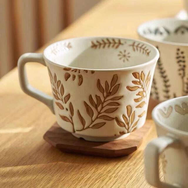 Ceramic embossed breakfast cup oatmeal mug small fresh water cup coffee cup wholesale European retro ceramic household detail 3