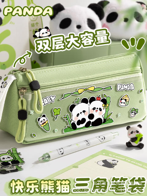 Triangular Large-Capacity Portable Pencil Bag, Cartoon National Trend Panda Cute Stationery Bag, Large-Capacity Pencil Case for Primary and Secondary School Students detail 2