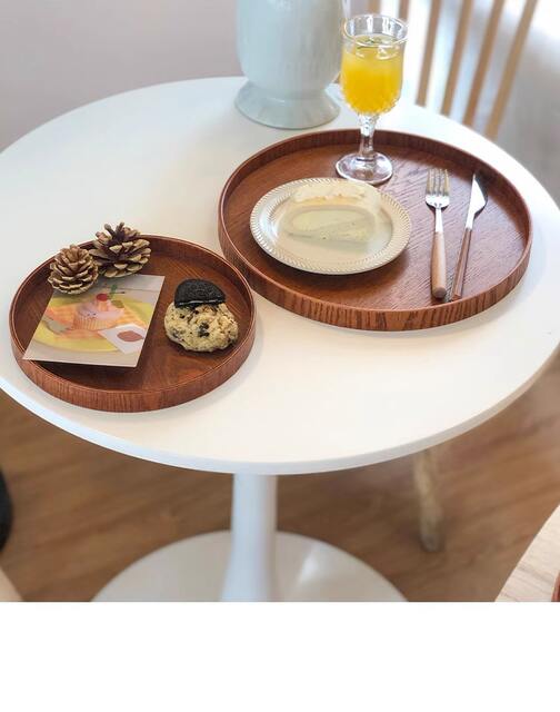 Home Snack Tea Tray Dinner Plate Cafe Round Snack Tray Tea Tray Ins Style Vintage Cake Wooden Tray detail 10