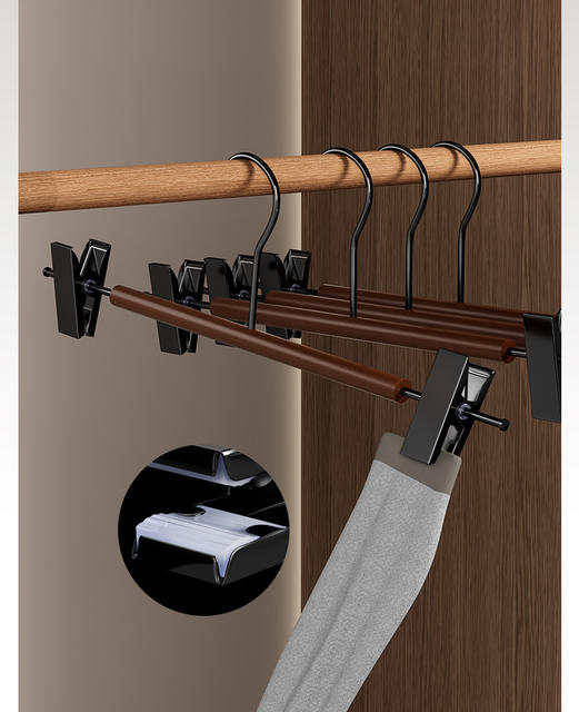 Light Luxury Wooden Seamless Pants Clip Retro Solid Wood Clothes Hanger with Clip Clothes Rack Home Wardrobe Skirt Clip Telescopic Pants Rack detail 5